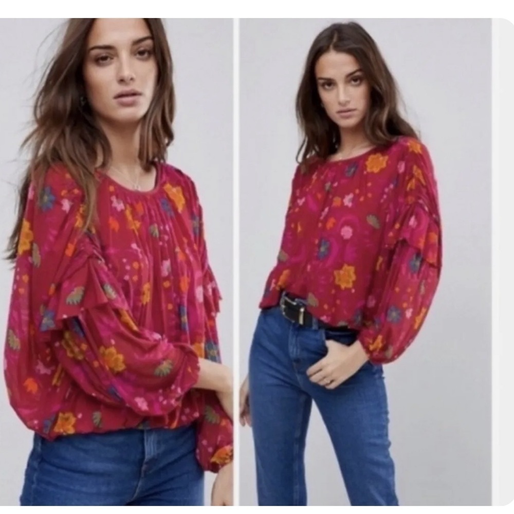 Free People Magenta Floral Balloon-Sleeve Blouse